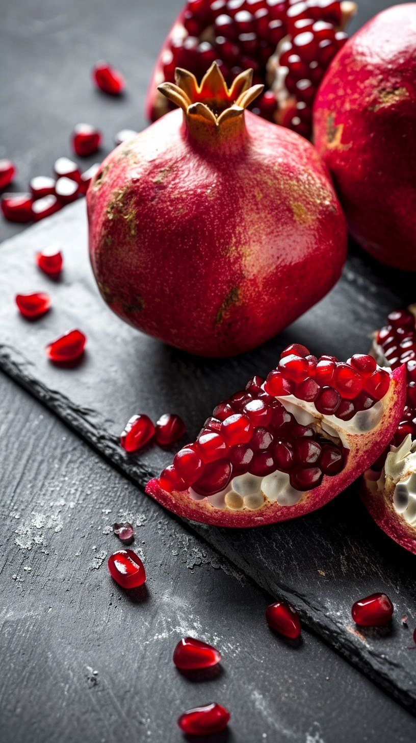 A whole pomegranate and an opened half full of ruby arils on dark slate