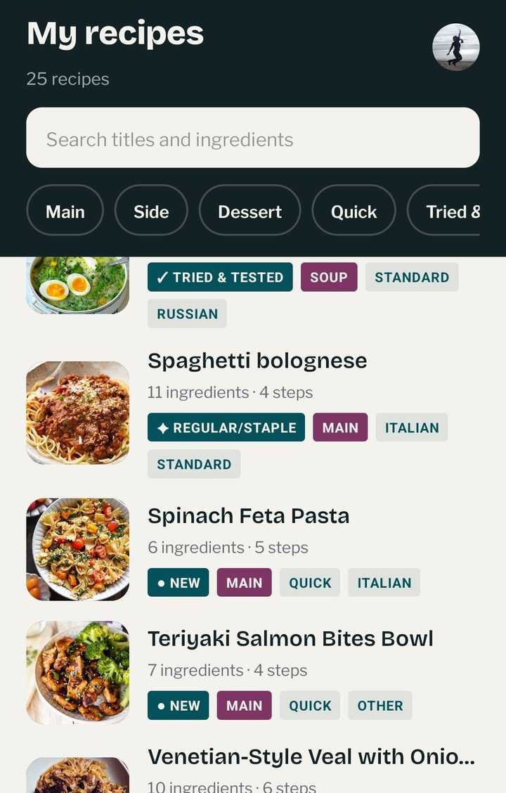 My recipes, with a search bar for titles and ingredients and tags like Tried & Tested
