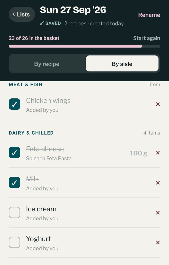A shared shopping list grouped into Meat & Fish and Dairy & Chilled, with items ticked off